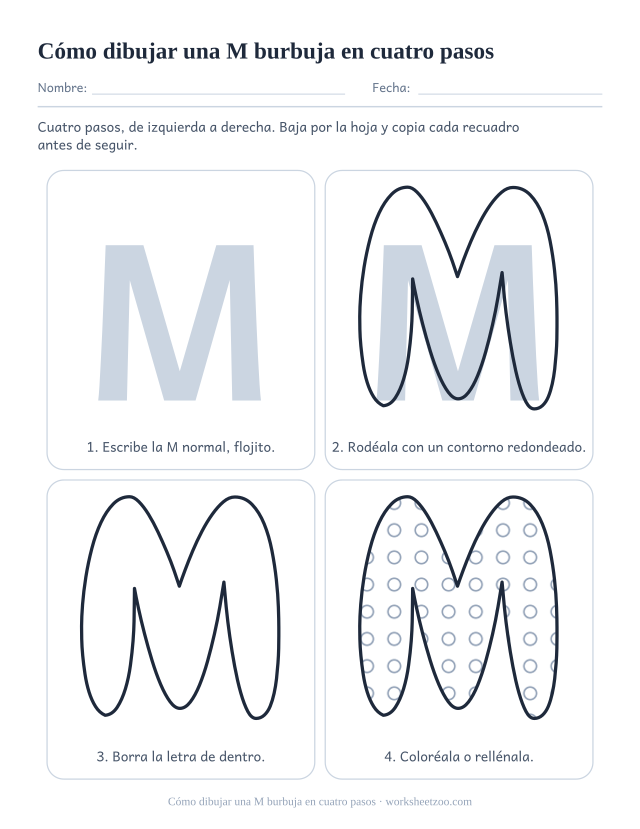 Cómo dibujar la letra M burbuja paso a paso, cuatro recuadros de la M normal a la M rellena