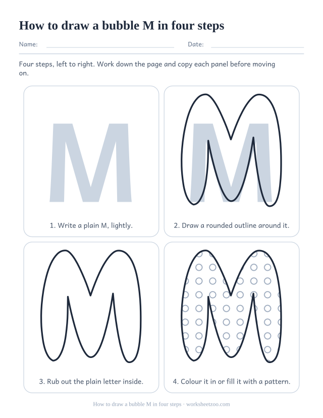 How to draw bubble letter M step by step, four panels from a plain M to a filled bubble M