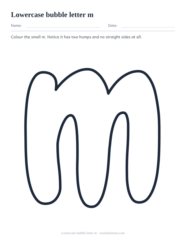 Printable lowercase bubble letter m, a big rounded outline small m to colour
