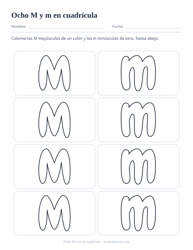 Cuadrícula imprimible de ocho letras burbuja que alternan la M mayúscula y la m minúscula