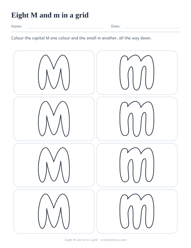 Printable grid of eight bubble letters alternating capital M and small m