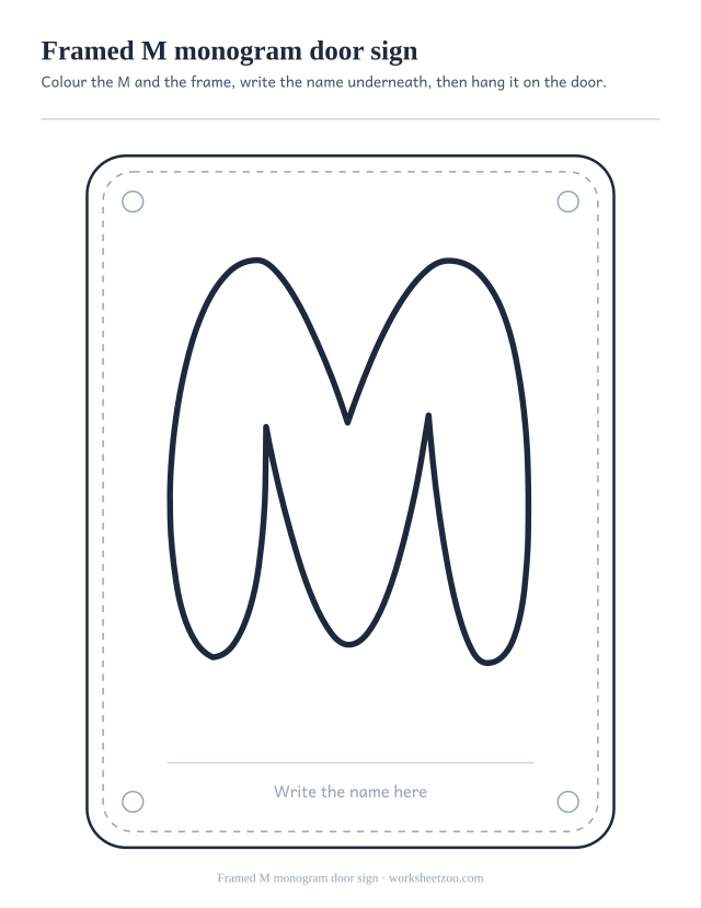 Printable M monogram sign, a framed bubble letter M above a name line