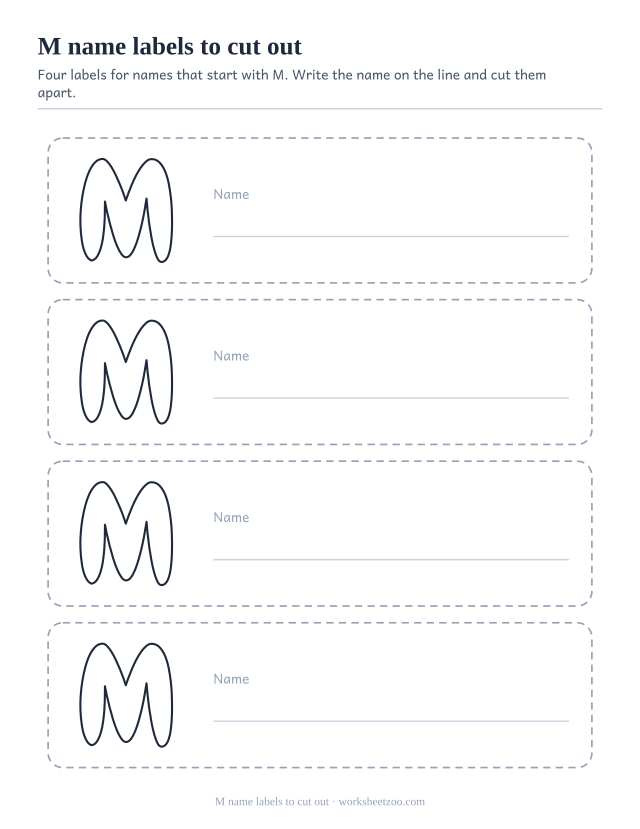 Printable name labels with the bubble letter M initial and a ruled writing line