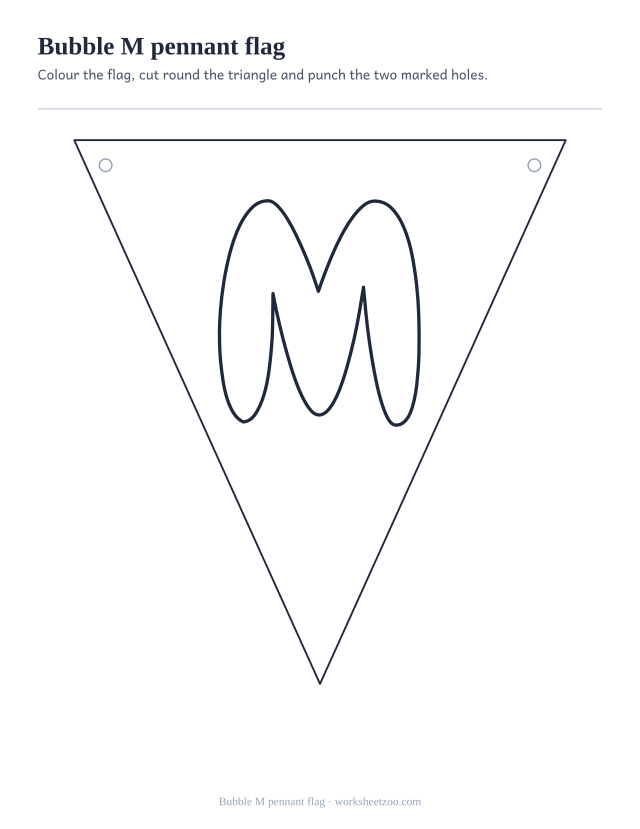 Printable bubble letter M pennant, one triangular banner flag with the M and punch holes