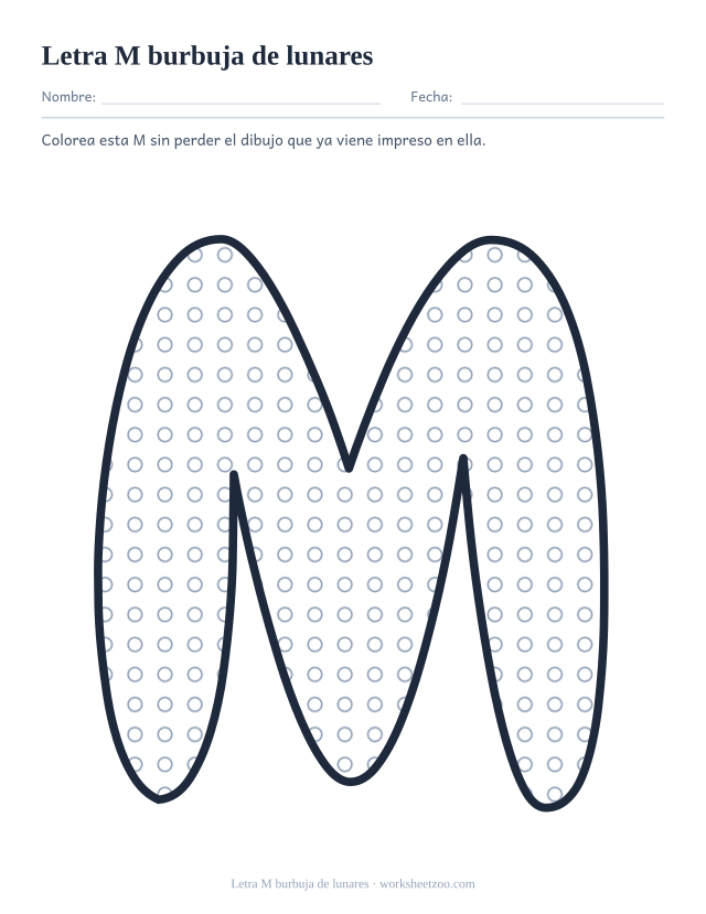Letra M burbuja de lunares para imprimir, un contorno grande relleno de círculos para colorear alrededor