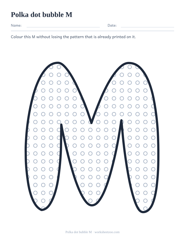 Printable polka dot bubble letter M, a big M outline filled with circles to colour around