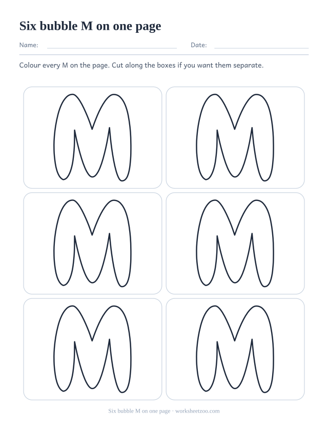 Printable sheet of six bubble letter M outlines in three rows of two