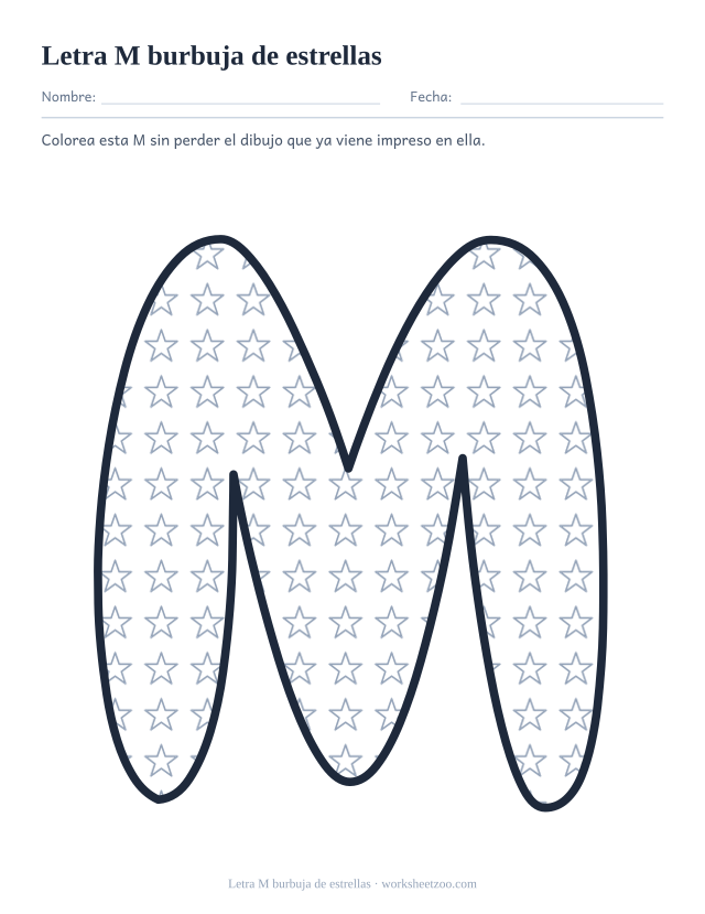 Letra M burbuja de estrellas para imprimir, un contorno relleno de estrellas pequeñas