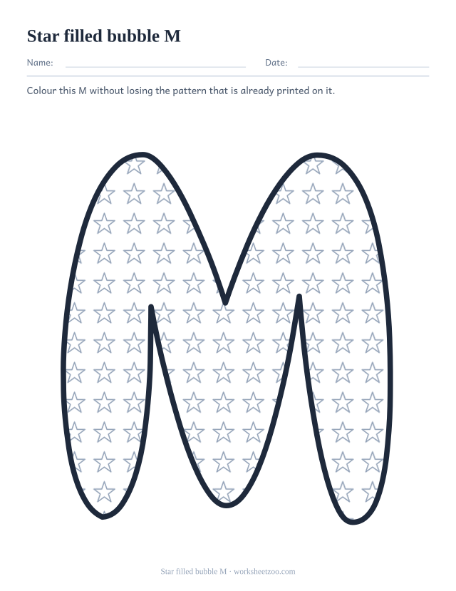 Printable star pattern bubble letter M, a M outline filled with small outlined stars