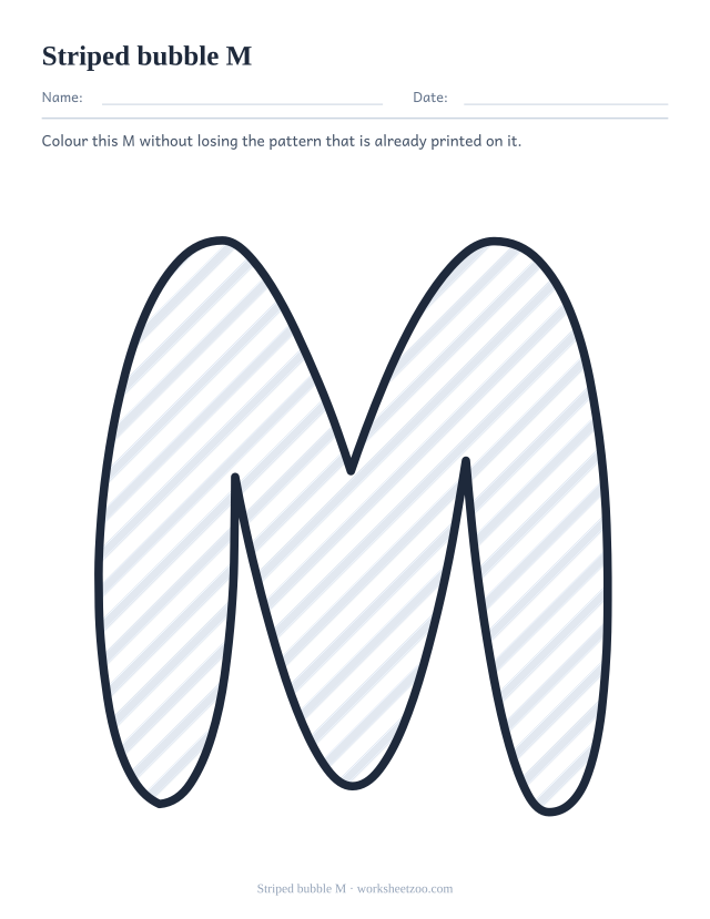 Printable striped bubble letter M, a large M outline crossed by diagonal bands