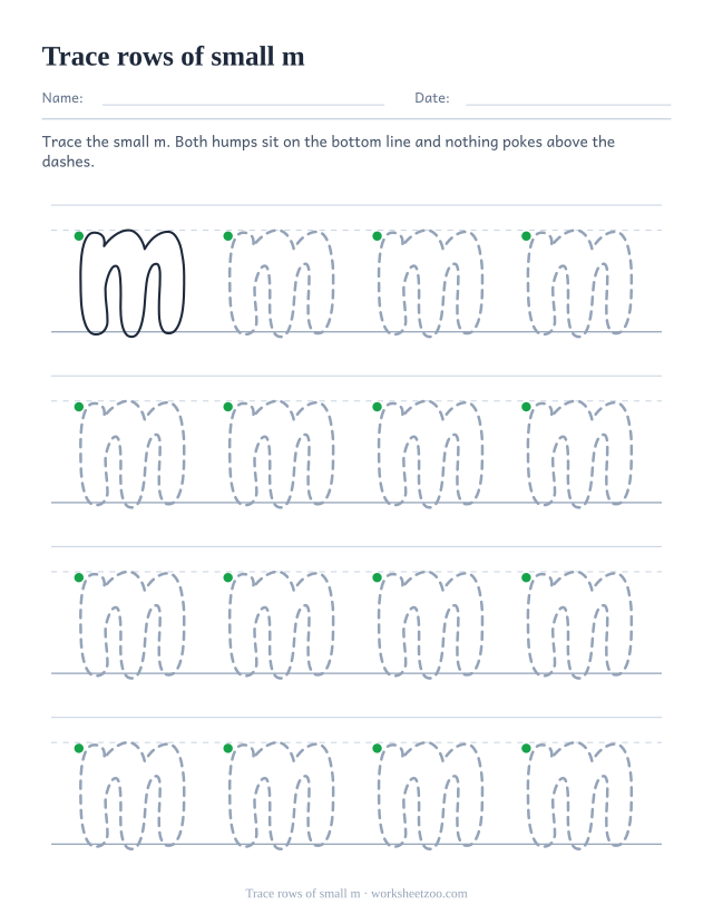Lowercase bubble letter m tracing worksheet, four rows of dotted small m on handwriting guides