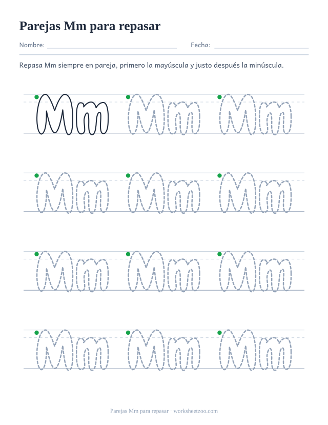 Ficha de parejas Mm burbuja para repasar, doce parejas punteadas de mayúscula y minúscula sobre pauta