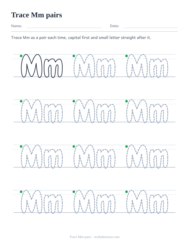 Bubble letter Mm pairs tracing worksheet, twelve dotted capital and small pairs on guides