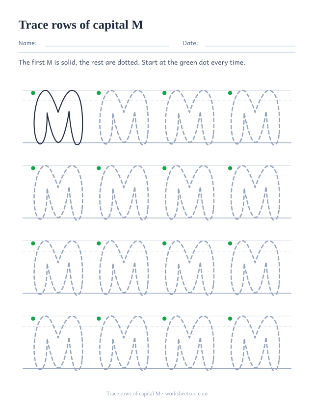Bubble letter M tracing rows worksheet, sixteen dotted capital M on three-line handwriting guides