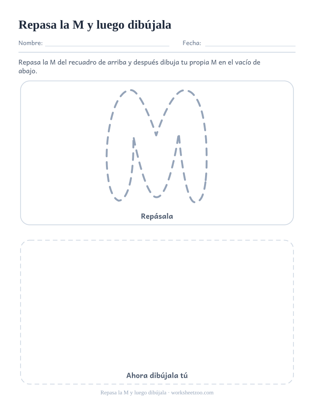 Ficha para repasar y dibujar la letra M burbuja, una M punteada sobre un recuadro vacío