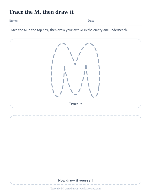 Trace and draw bubble letter M worksheet, a dotted M above an empty box for a freehand one