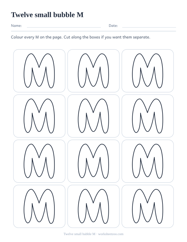 Printable sheet of twelve small bubble letter M outlines in a three by four grid