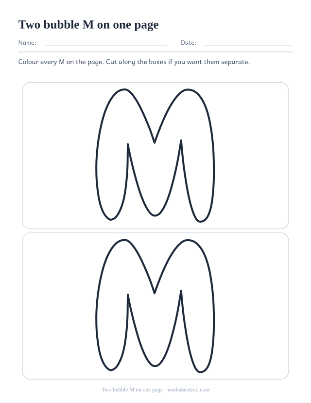 Printable sheet with two large bubble letter M outlines stacked one above the other