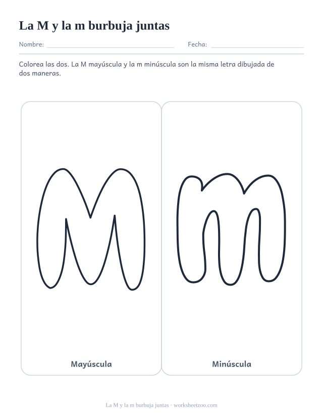 Letras burbuja M y m una al lado de la otra, mayúscula y minúscula en recuadros iguales
