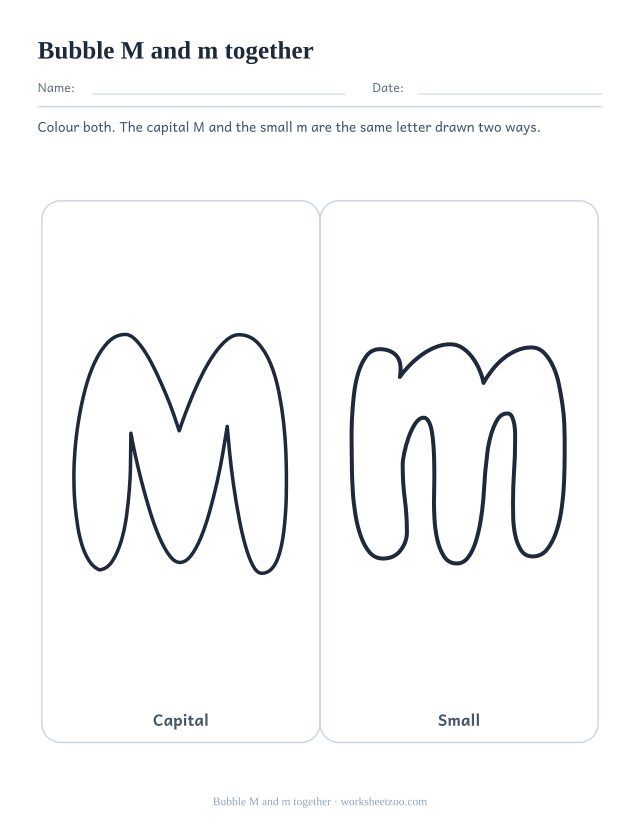 Printable bubble letters M and m side by side, capital and small in matching boxes