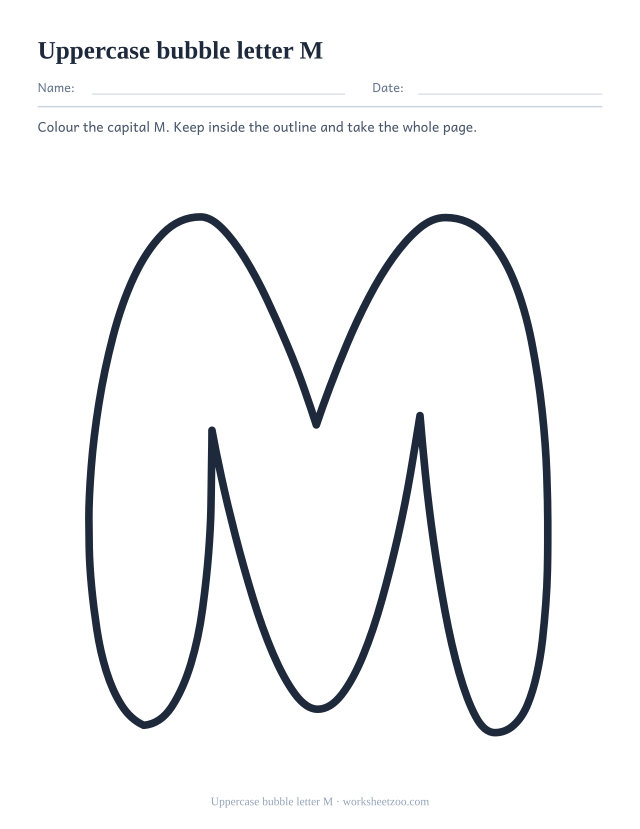 Printable uppercase bubble letter M, one giant rounded outline capital M filling the page