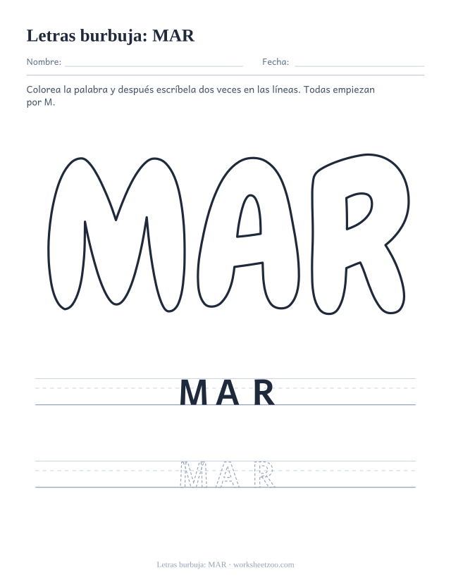 Letras burbuja de la palabra MAR para imprimir, una palabra de tres letras con M en contorno grande