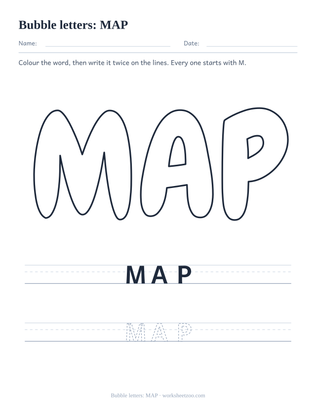 Printable bubble letters spelling MAP, a three letter M word in large rounded outline