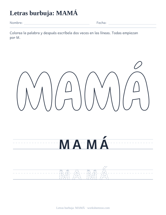 Letras burbuja de la palabra MAMÁ para imprimir, una palabra corta con M para colorear en una tarjeta