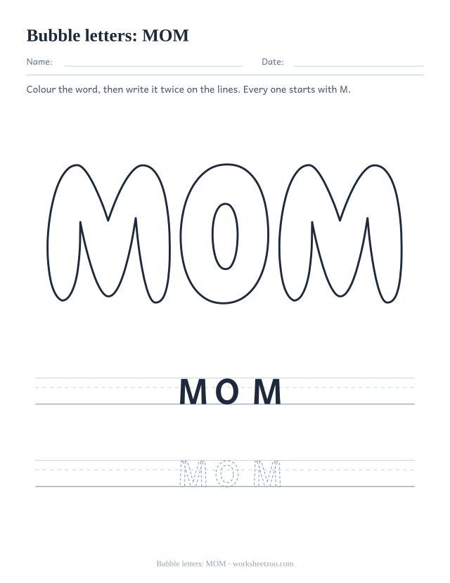 Printable bubble letters spelling MOM, a short M word to colour in for a card