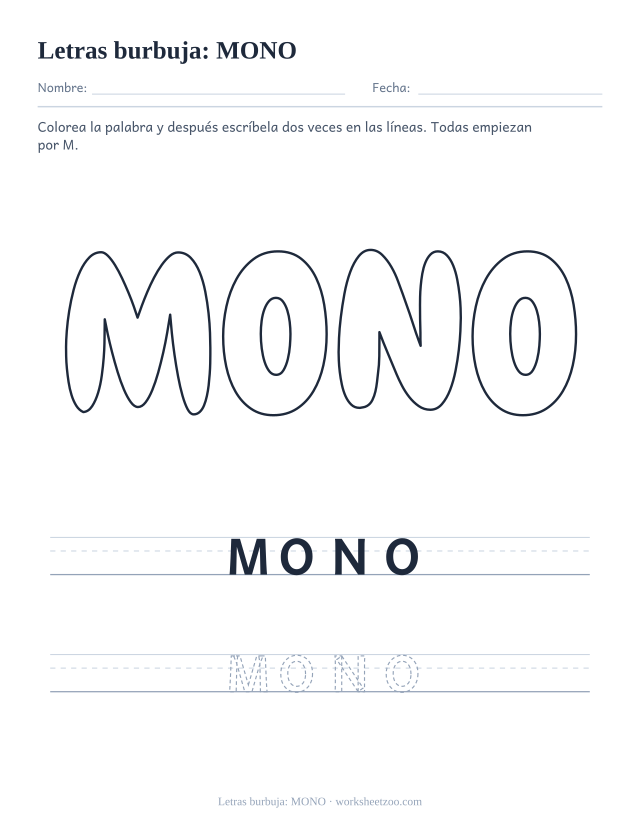 Letras burbuja de la palabra MONO para imprimir, una palabra con M para colorear y repasar