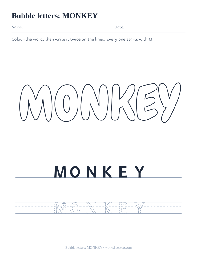 Printable bubble letters spelling MONKEY, an M word to colour and then trace