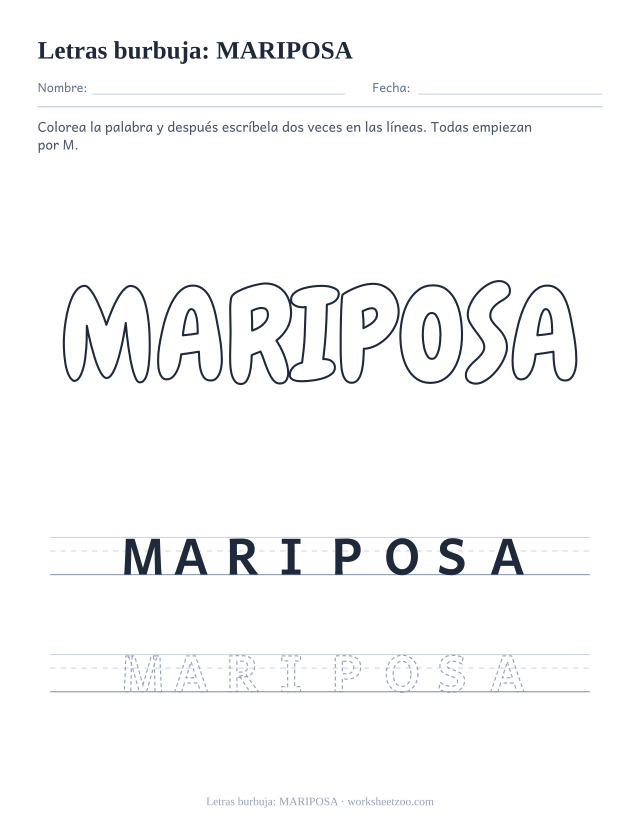 Letras burbuja de la palabra MARIPOSA para imprimir, una palabra con M para colorear y escribir