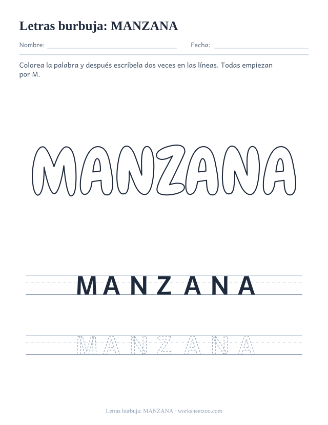 Letras burbuja de la palabra MANZANA para imprimir, una palabra con M para colorear y repasar