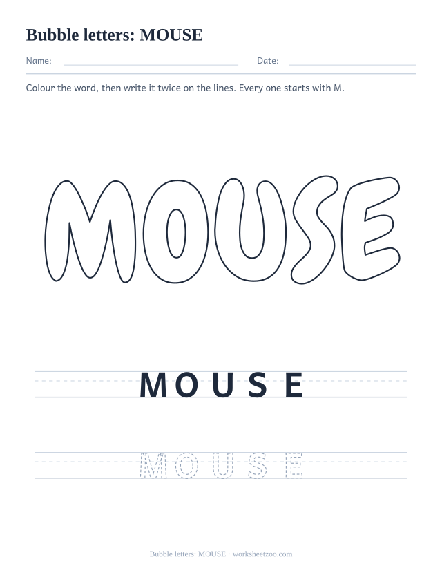 Printable bubble letters spelling MOUSE, a five letter M word to colour and trace