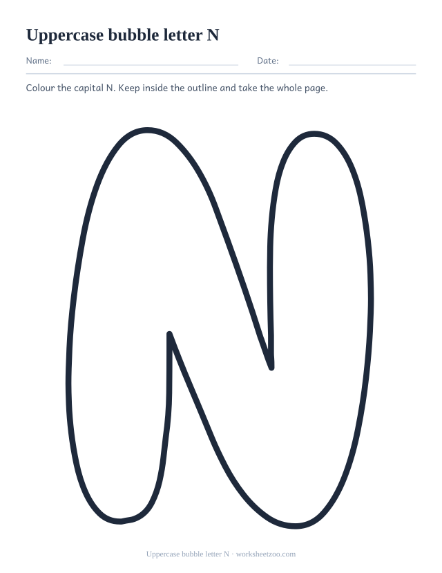 Printable uppercase bubble letter N, one giant rounded outline capital N filling the page