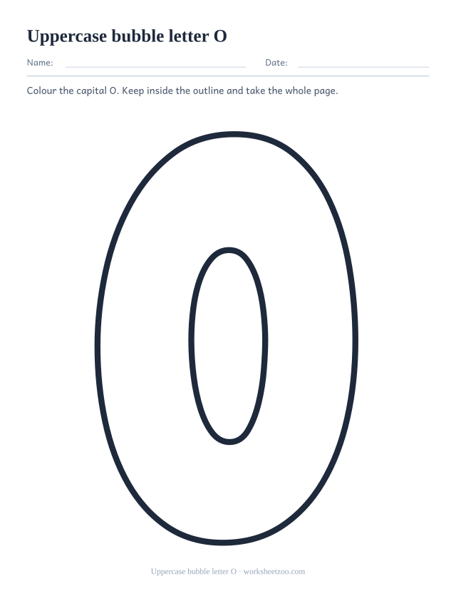 Printable uppercase bubble letter O, one giant rounded outline capital O filling the page