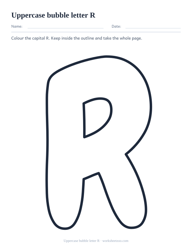 Printable uppercase bubble letter R, one giant rounded outline capital R filling the page