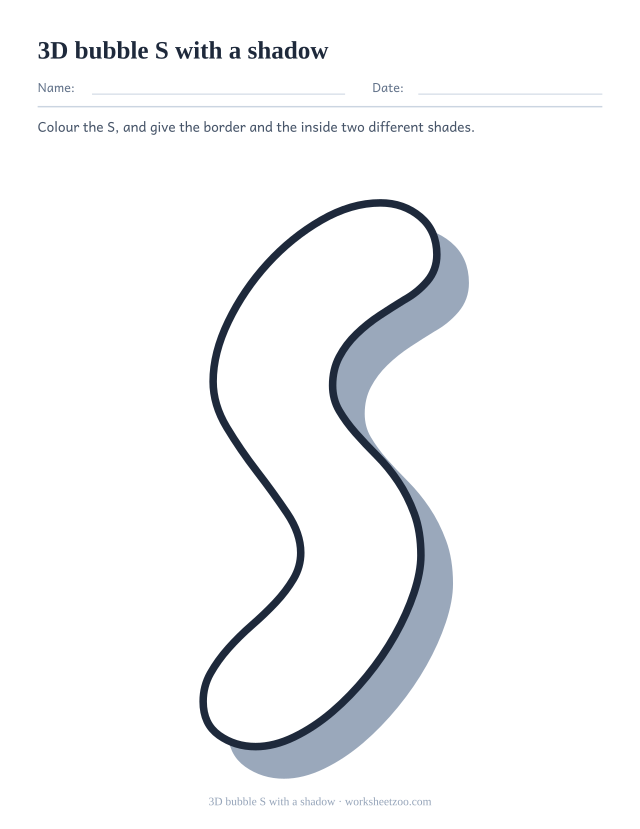 Printable 3D bubble letter S, a white S outline over a solid grey drop shadow
