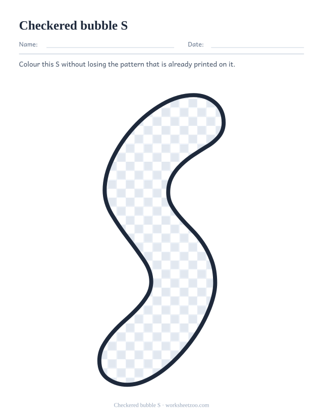 Printable checkered bubble letter S, a S outline filled with a chequerboard of squares