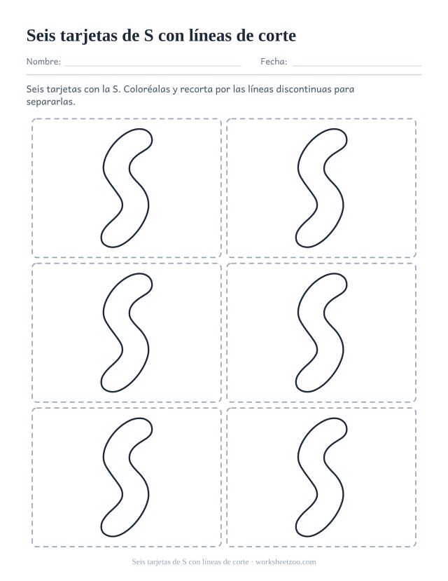 Tarjetas imprimibles de la letra S, seis recuadros de letra burbuja con líneas de corte discontinuas