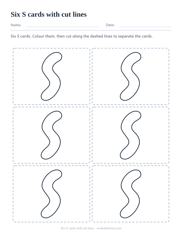 Printable S letter cards, six bubble letter S boxes marked with dashed cutting lines