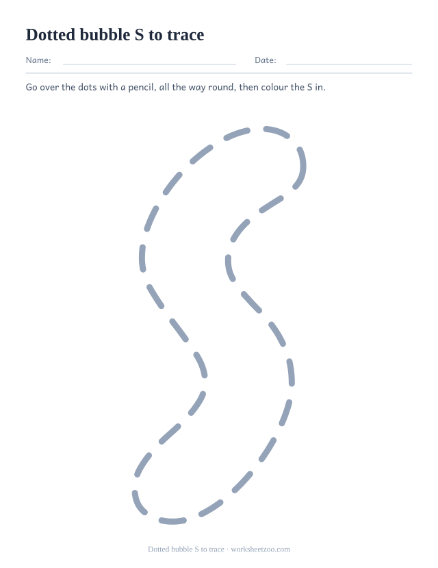 Dotted bubble letter S tracing worksheet, one large dashed S outline to draw over