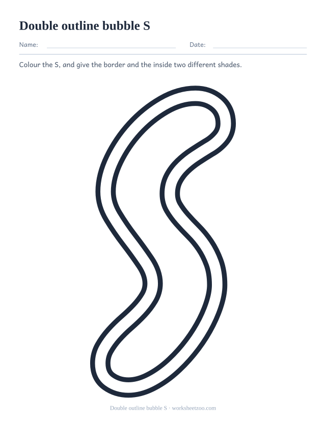 Printable double outline bubble letter S, a S drawn with two parallel contour lines
