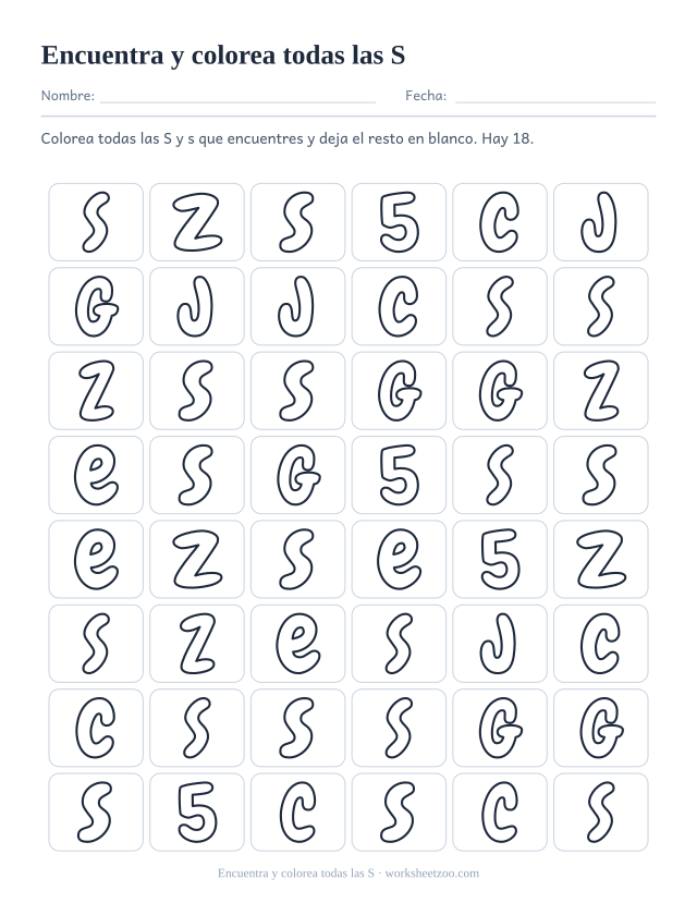 Ficha para encontrar la letra S, una cuadrícula de letras burbuja donde solo se colorean las S
