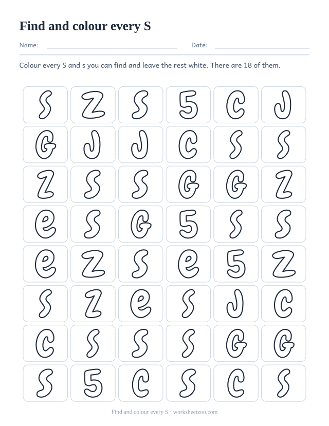 Find the letter S worksheet, a grid of bubble letters where only the S shapes are coloured in