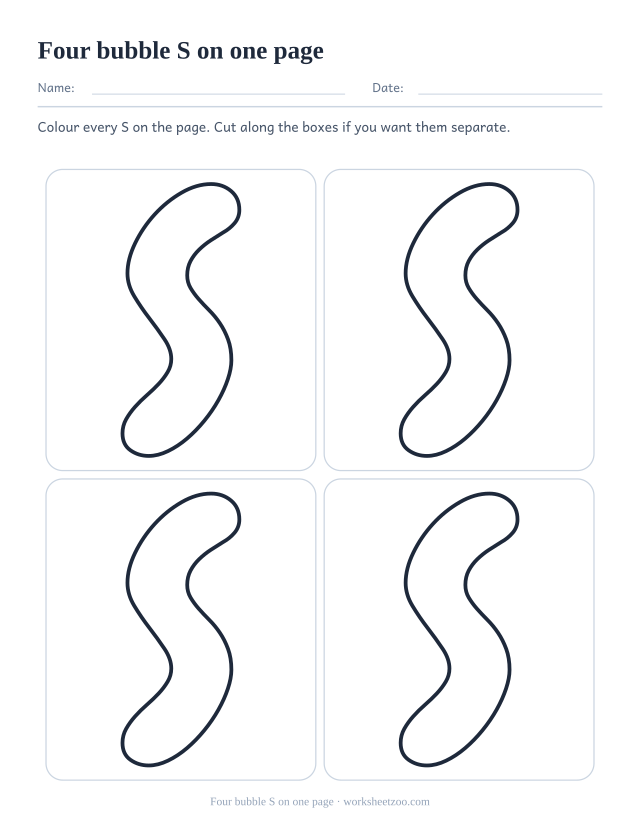 Printable sheet of four bubble letter S outlines in a two by two grid