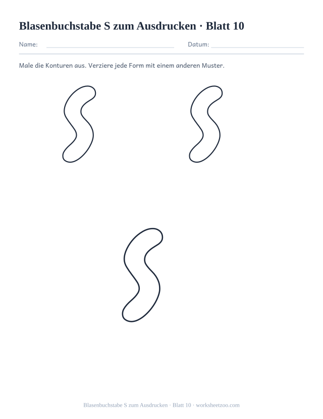 Vorschau: Blasenbuchstabe S zum Ausdrucken, druckbares Arbeitsblatt 10