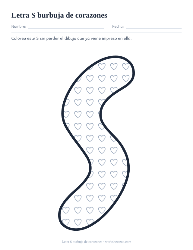 Letra S burbuja de corazones para imprimir, un contorno relleno de corazones pequeños