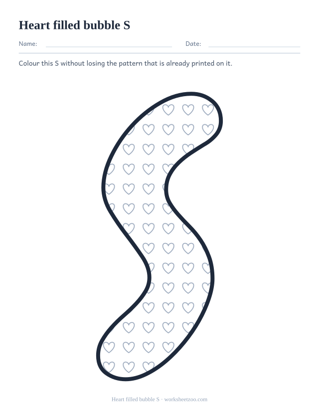 Printable heart pattern bubble letter S, a S outline filled with small hearts to colour