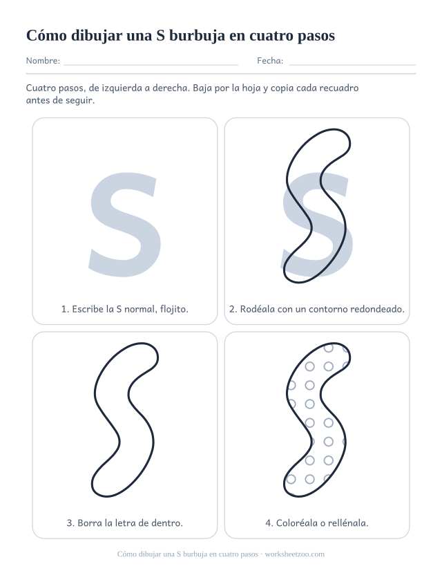 Cómo dibujar la letra S burbuja paso a paso, cuatro recuadros de la S normal a la S rellena